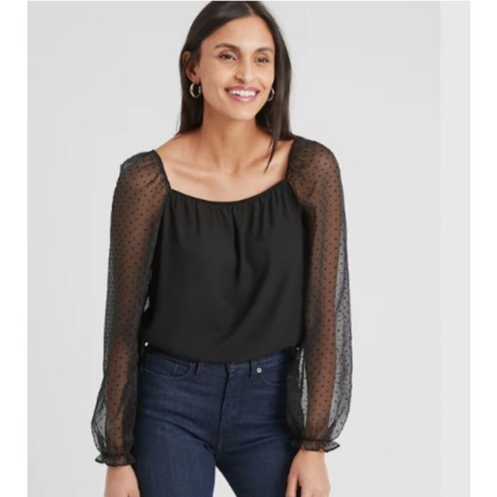 Banana Republic Black Sheer Sleeve Blouse Long Sleeve Dot  XS